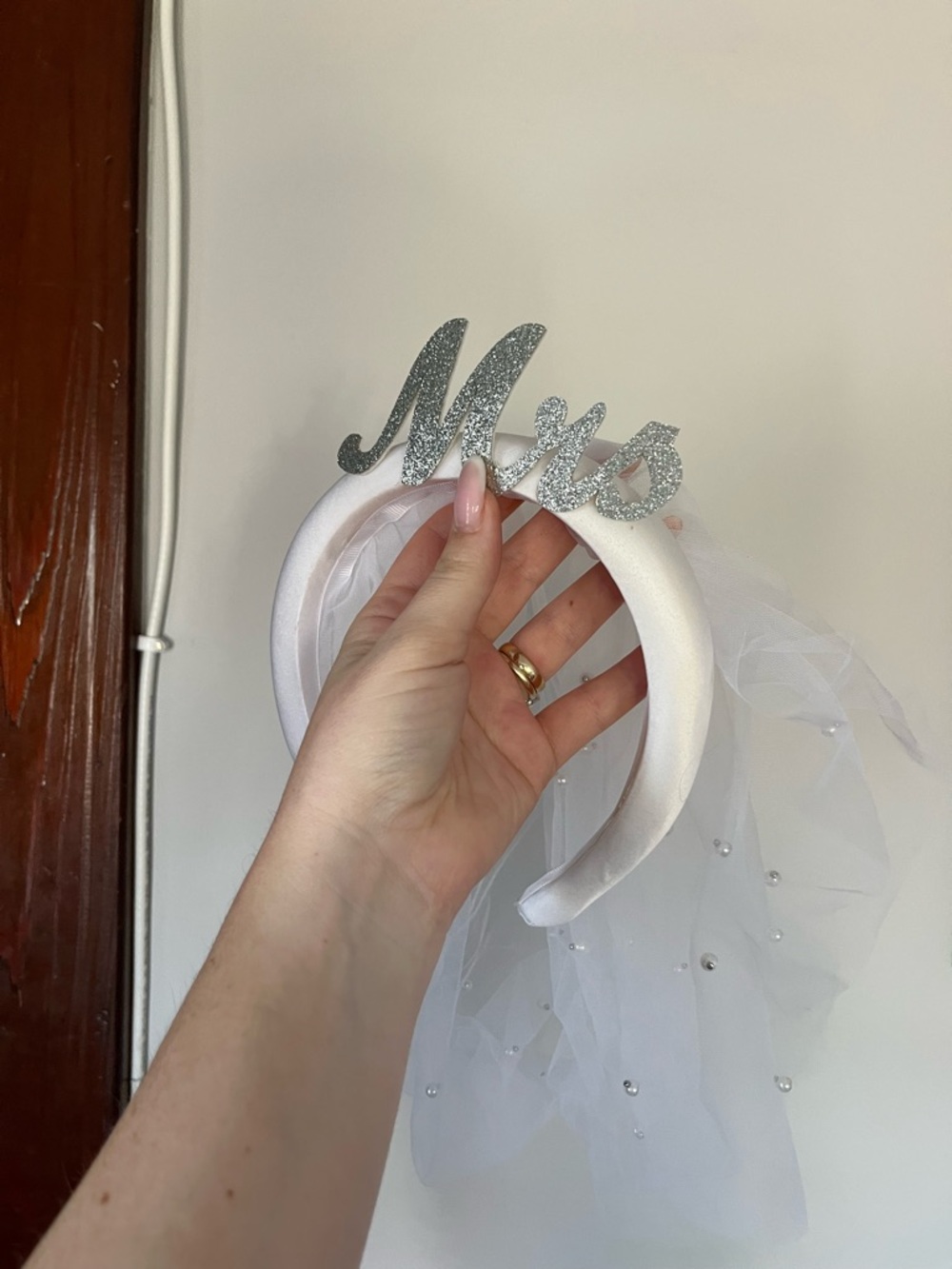 Mrs. Glitter Headband with Veil - White & Silver